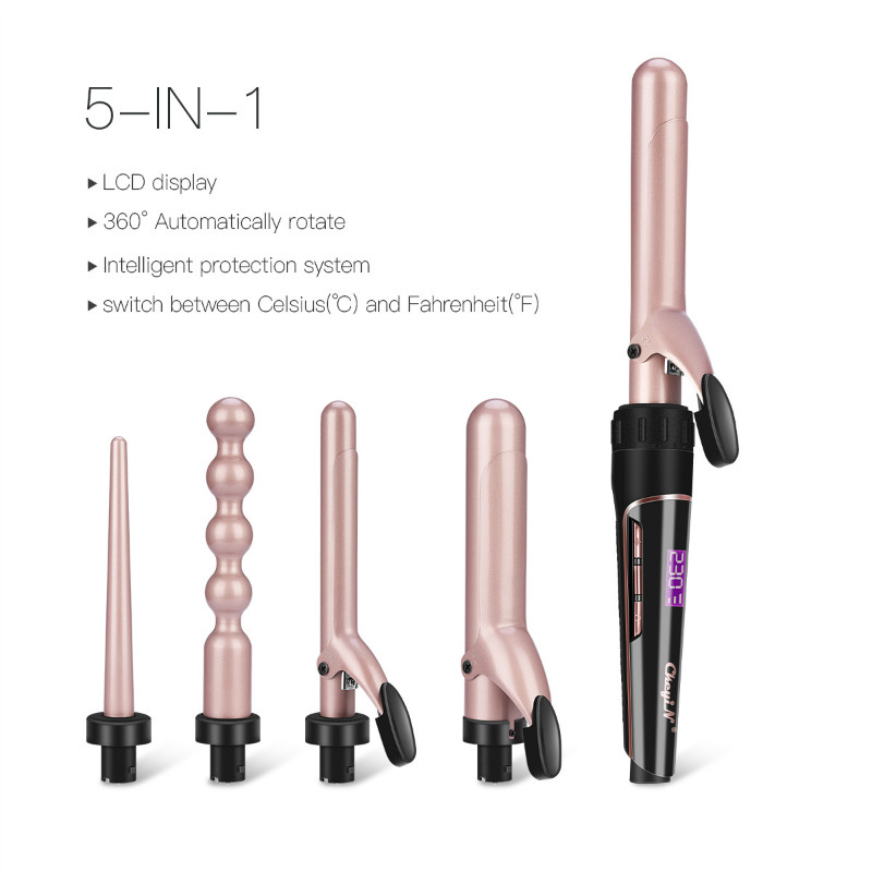 Ceramic Curling Tongs, CkeyiN 5 in 1 Curling Irons Set with 5 Interchangeable Ba